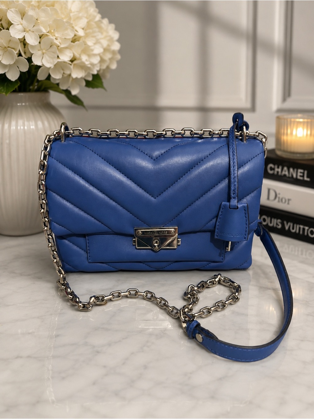 Michael Kors Cobalt Blue Chevron Quilted Leather Chain Shoulder Crossbody Bag